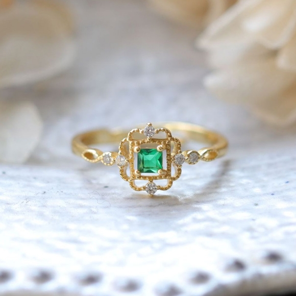Boutique Jewelry - NEW Handmade Lace 14k Gold Filled Diamond Emerald Milgraine Adjustable Ring